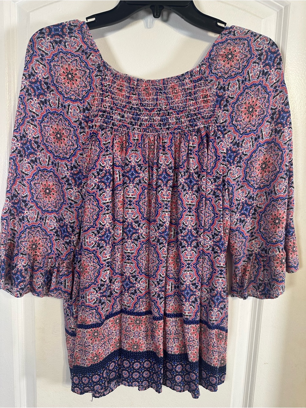 Boho Medallion Print Smocked Tunic Top with Flounce Sleeves L